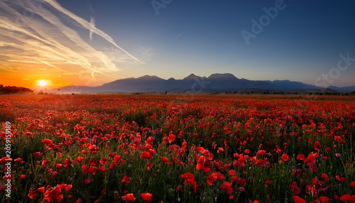 A Vibrant Field Of Red Flowers Stretches Towards A Mountain Range Silhouetted Against A Sunset
