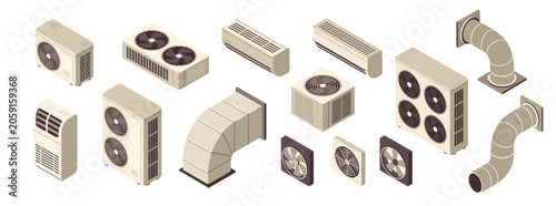 Set of 3D air conditioners condenser units. Chiller, HVAC, and cooling systems for commercial properties and factories. Isometric human made vector illustration collection isolated on background