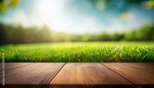 Beautiful Spring Green Meadow Background With Empty Wooden Table For Product Display Nature Blurred Background Copy Space