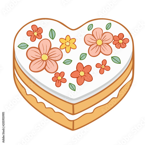 Heart shaped cake with floral decoration illustration