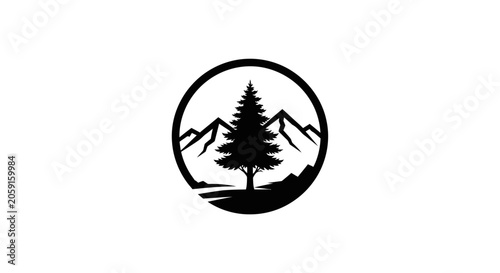 A stylized circular monochrome emblem depicting a tall pine tree between mountain silhouettes