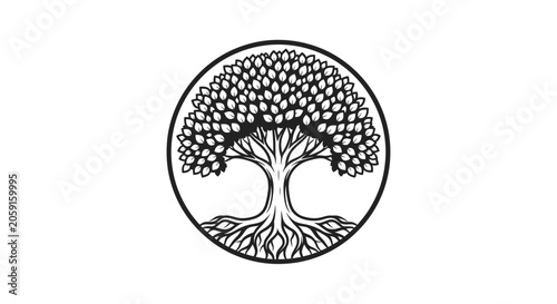 A monochrome illustration features a stylized tree encircled in a minimalist design