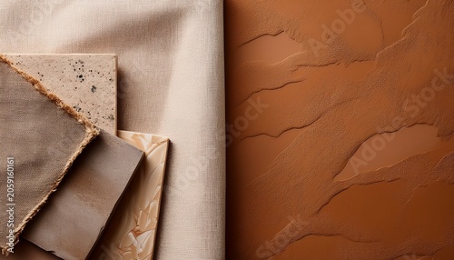 Layered Recycled Paper Coarse Linen Textile And Matte Ceramic Tile In Radiant Earth Clay Tones With Natural Textures Copy Space