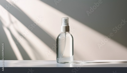 A Clear Spray Bottle Stands On A White Surface Casting A Shadow Soft Light Creates A Minimalistic And Clean Atmosphere