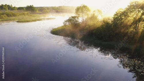 Beautiful aerial shot of foggy river bank during golden hour