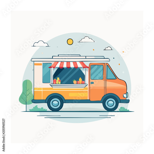 Colorful food truck illustration with fresh produce