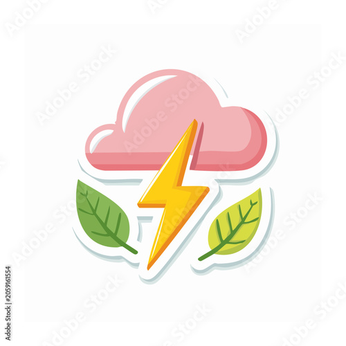 Flat design icon of lightning bolt with cloud and leaves