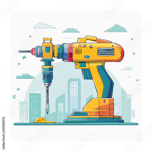 Flat design illustration of an electric drill with cityscape