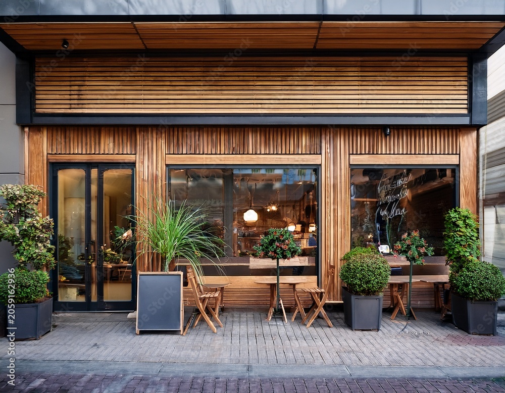 Fototapeta premium cafe exterior with wooden facade glass window display street furniture plant decoration small local coffee shop storefront