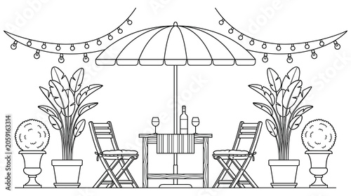 Fotografi Outdoor dining set with umbrella and string lights.