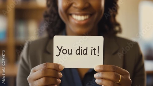 A cheerful woman displaying a handwritten 
