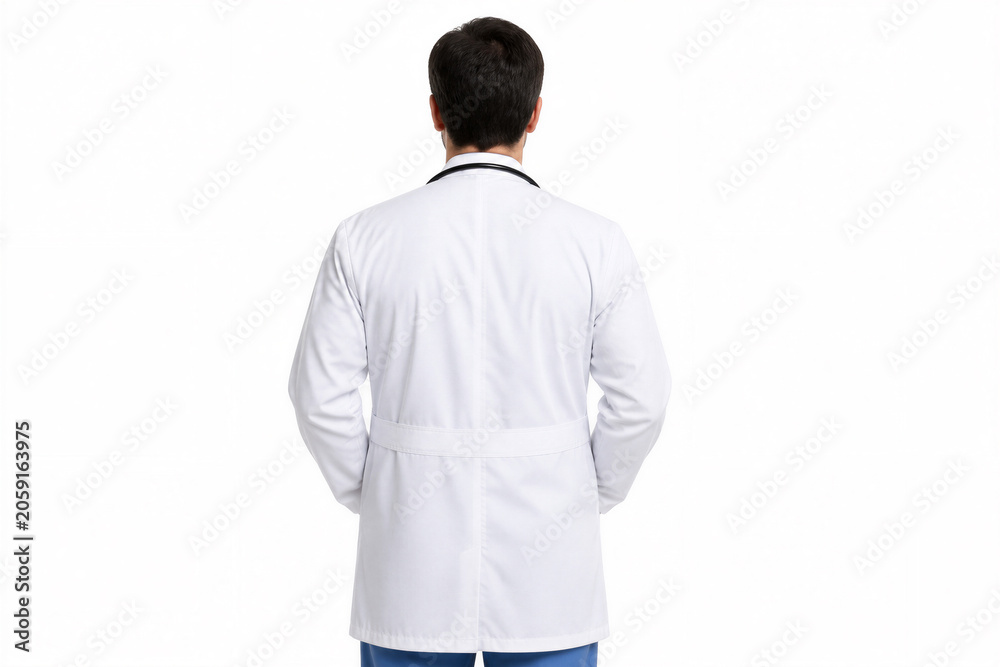 Obraz premium Doctor standing with back facing camera against white background