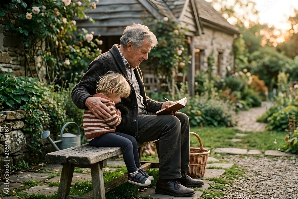 Obraz premium Grandfather holding grandson and writing in a notebook in the garden