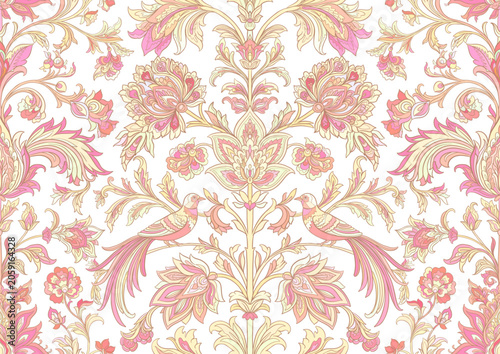 Foto Vintage damask seamless pattern with two birds, blooming flowers, curling branches and leaves, hand drawn vector illustration for wallpaper, textile and packaging design