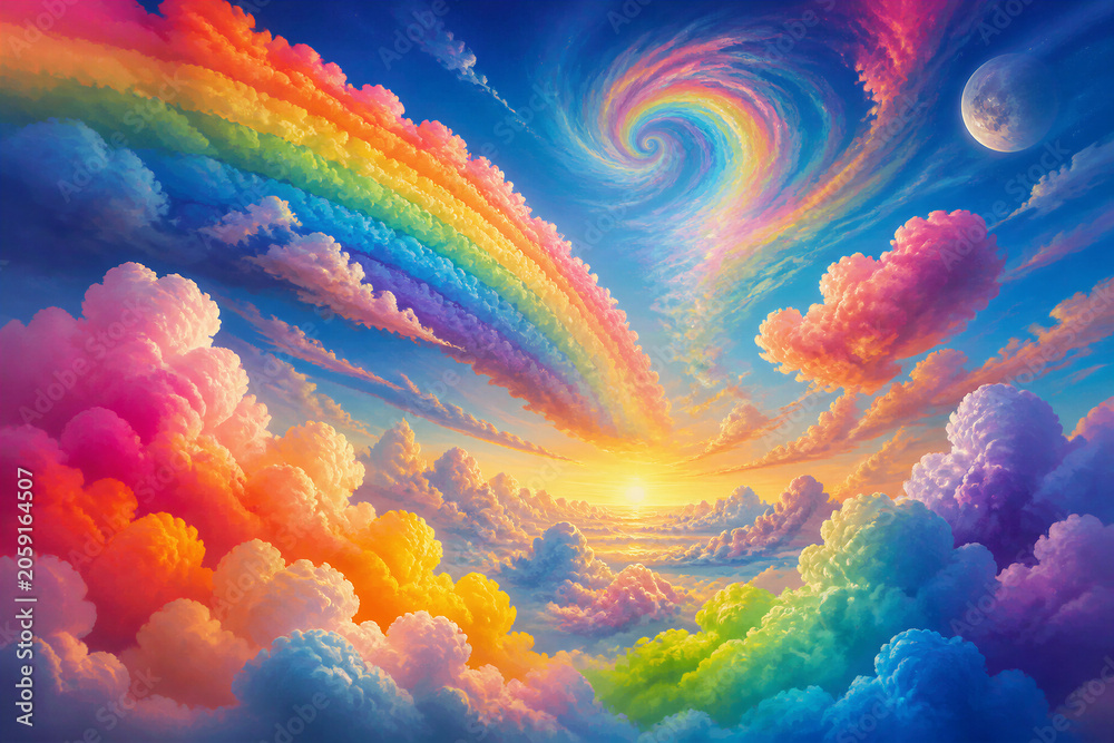 Naklejka premium Rainbow spiral forming over colorful cloudscape at sunrise