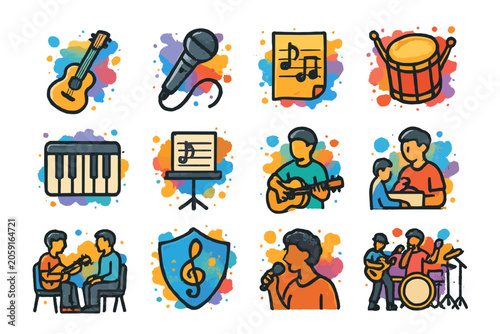 Colorful icon set of music instruments and activities with musicians