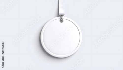 Isolated blank circular white tag with ribbon hanger, branding mockup template, price label, event badge, marketing element