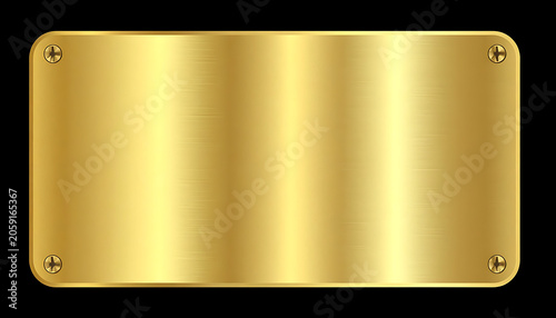 Isolated brushed golden metal plate with screws, empty sign for labels, signage, award plaque