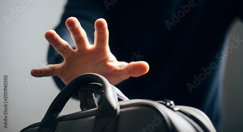Close up of a male hand reaching to grab a black leather briefcase. Concept of business travel, leaving for work or theft