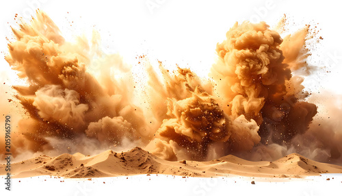 Isolated dramatic desert sand explosion with flying dust particles and debris, dynamic motion