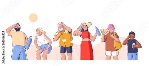 Quadro su tela People Suffering Heatwave Cartoon Scene