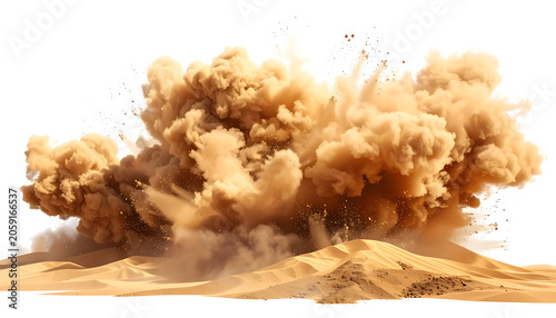 Isolated massive explosion of desert sand and dust cloud, dynamic debris particles, powerful impact, natural disaster, motion, energy, force