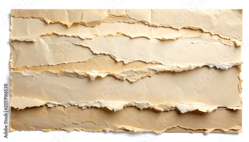 Isolated layers of torn beige paper with rough edges creating a textured horizontal strip composition