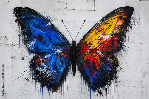 Butterfly painted with blue and orange wings on concrete wall