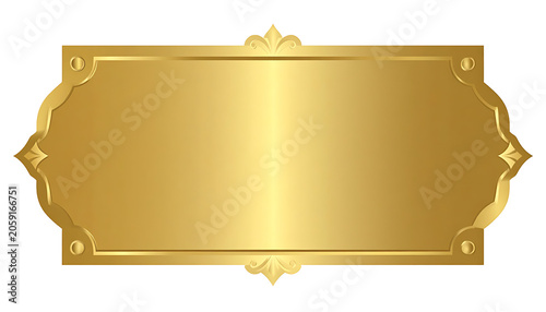 Isolated ornate golden metal nameplate, blank plaque for custom text and luxury vintage signage