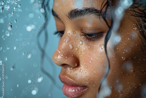 Woman Face Close-up with Water Droplets on Skin