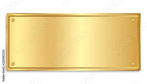 Isolated rectangular gold metal plate with screws in corners, shiny polished surface, luxury banner, blank signage for custom engraving and labels