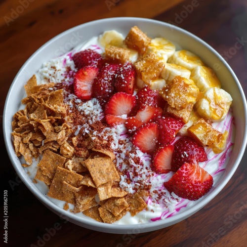 Yogurt bowl w/ berries, bananas, and cereal. Healthy breakfast