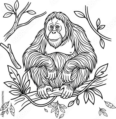 Canvas Print High-quality black and white line art vector illustration of a wild orangutan si