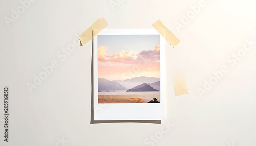 Instant photo print featuring pixelated mountain landscape taped to wall, nostalgia, travel memories