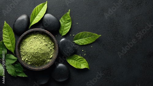Zen composition with matcha powder, stones, and fresh green leaves on black