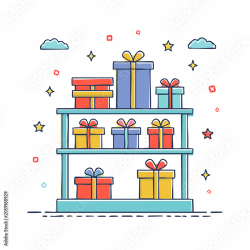 Gift Boxes Displayed on Shelves with Decorative Elements