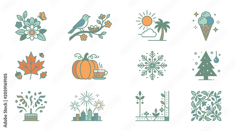 Obraz premium Seasonal nature and weather icon set.