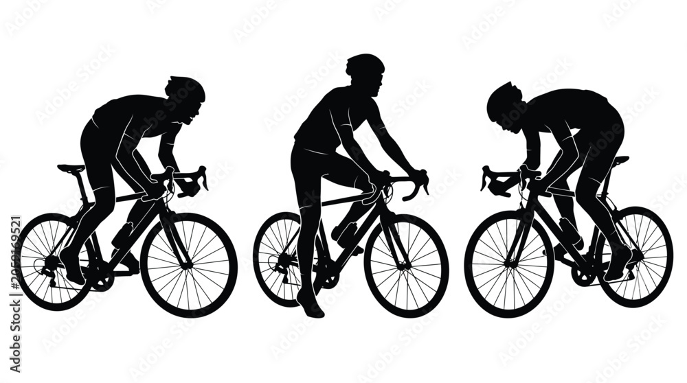 Fototapeta premium Three professional cyclists riding road bikes in a black silhouette style on a white background