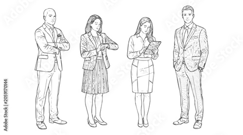 Professional sketch of businesspeople and colleagues working as a team, including diverse office professionals using a tablet and checking the time.
