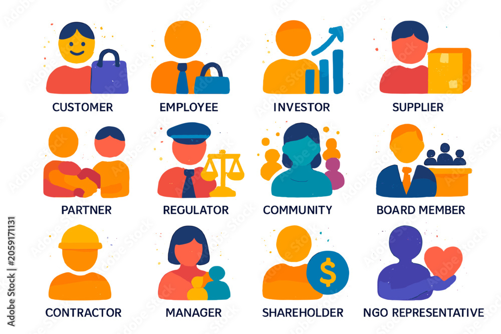 Fototapeta premium Diverse workforce roles and relationships depicted with icon illustrations