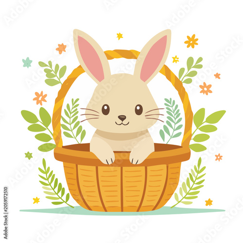 Cute Bunny in Basket with Spring Flowers