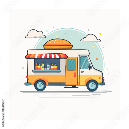 Colorful food truck illustration with burger and drinks