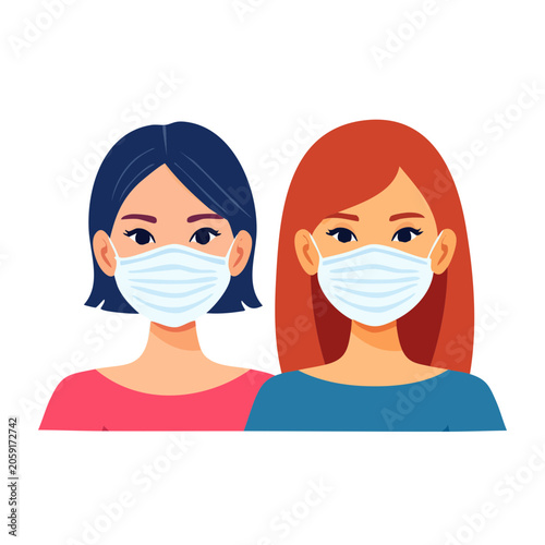 Two women wearing surgical face masks illustration