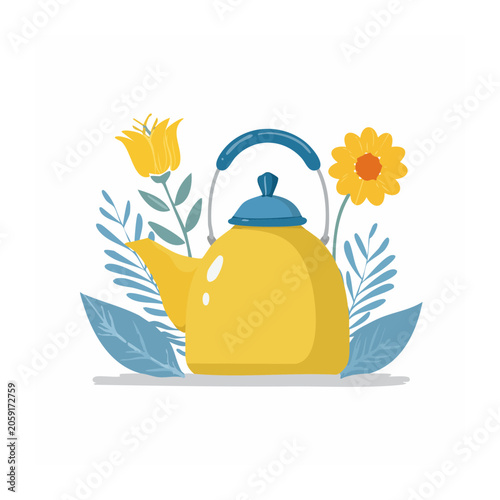 Yellow Kettle with Flowers Flat Illustration