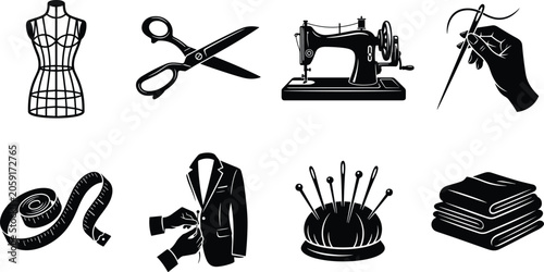 Фотография Sewing and tailoring icons with mannequin, scissors, sewing machine, needle, fab