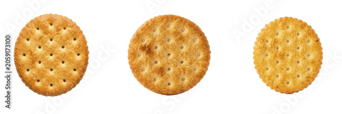 Принти на полотні Set of a single baked round golden cracker with a scalloped edge and salt crystals, a classic savory snack for cheese and dips, isolated on a transparent background