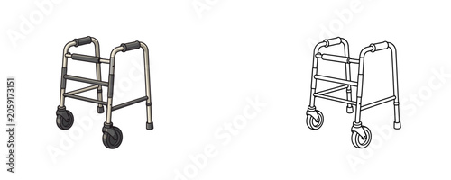 Cuadro en lienzo Wheeled mobility walker cartoons in flat colored grey and black line art styles