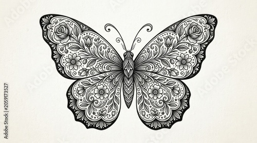 Beautiful Ornate Butterfly Illustration in Black and White with Intricate Floral Patterns. Elegant Vintage Decorative Design Element.