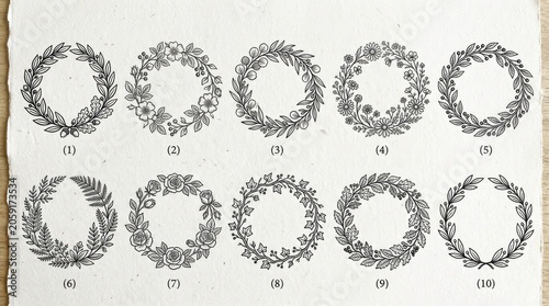 Vintage Botanical Wreath Collection, Hand-Drawn Floral Laurel Frames, Elegant Leafy Design Elements on Textured Paper Background