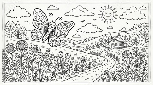 Whimsical butterfly flies over a beautiful flower field with a rural house and smiling sun, nature landscape coloring page.